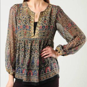 JOIE Janette gold embroidered silk chiffon long sleeve top